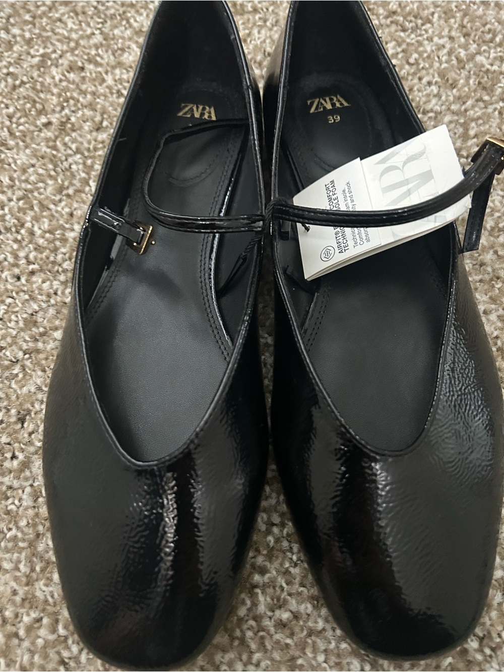ZARA Black Patent Mary Jane Flats with Gold Buckle
